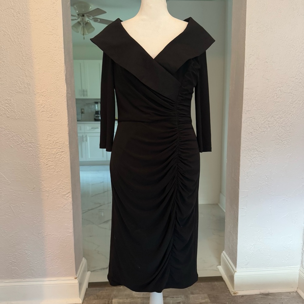 Adrianna Papell Dress Size 10 Black Stretchy Tuxedo Collar Party Cocktail - Picture 12 of 12